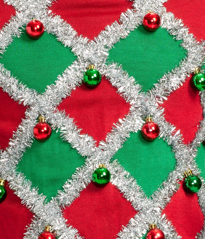 Tipsy Elves Men's Ugly Christmas Sweaters - Funny and Tacky Embellished Christmas Sweaters for Men - Red and Green Tacky Tinsel Christmas Sweater with Silver Tinsel and Ornaments Size Small - Image 3